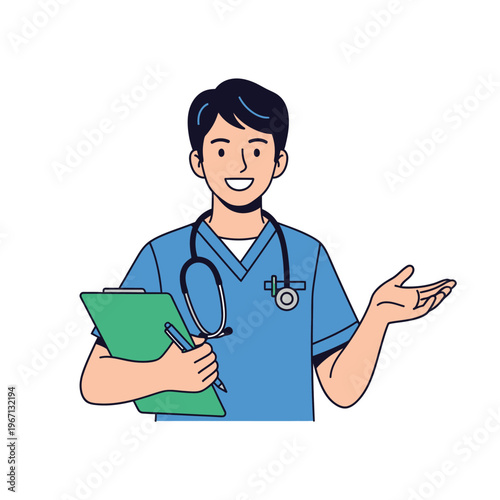 Friendly male doctor in blue scrubs holding clipboard and stethoscope, gesturing welcome