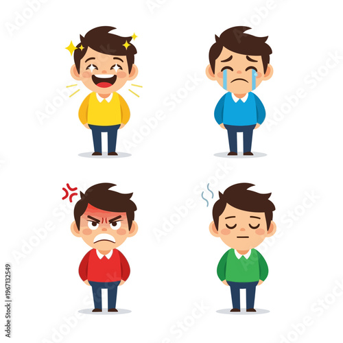 Four Cartoon Boys Expressing Different Emotions: Joy, Sadness, Anger, and Boredom