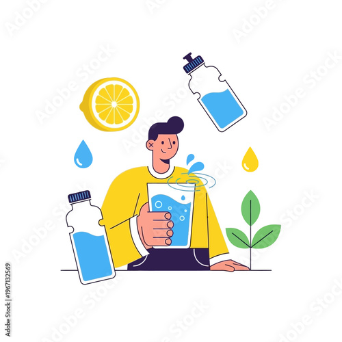 Healthy Lifestyle: Man drinking water with lemon and bottles, surrounded by water drops and leaves.