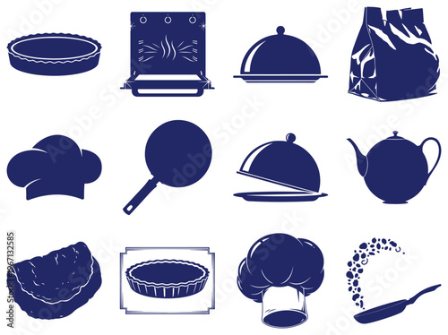 Blue kitchen including oven pie dish covered dish bag flour pan teapot