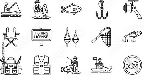 Fishing Line Icons Set Fisherman Gear Boat Rod Hook Tackle Collection