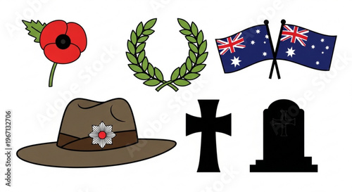 A vector graphic illustration of ANZAC Day symbols including poppy, hat, flags, and crosses