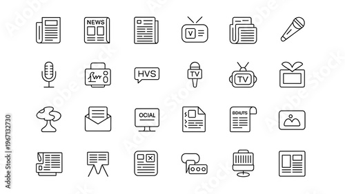 Media and Journalism Icons 30 Line Symbols News Report TV Broadcast Vector Set