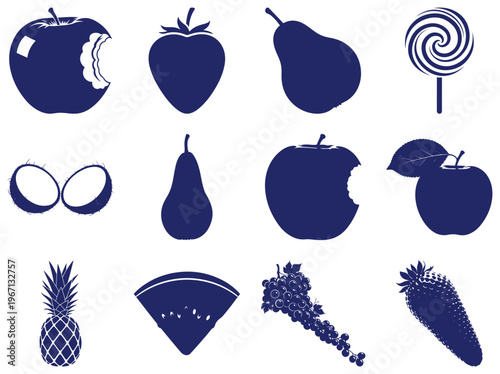 Blue Silhouette Fruit silhouettes apples strawberries