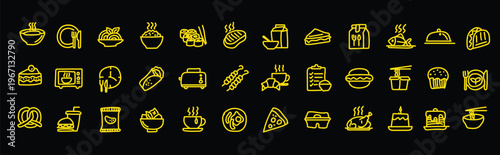 A collection of yellow food icons on a black background for culinary or restaurant use