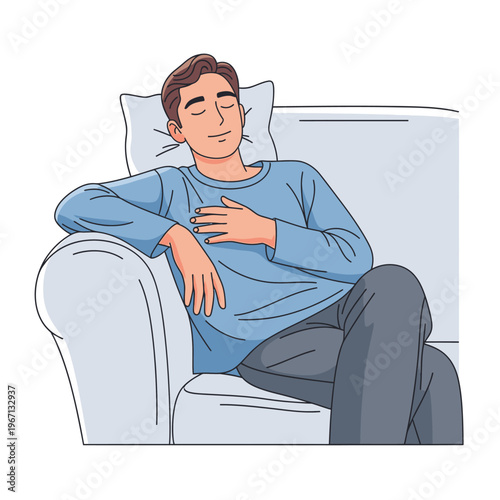 Man resting comfortably on a sofa, eyes closed, peaceful expression, hand on chest