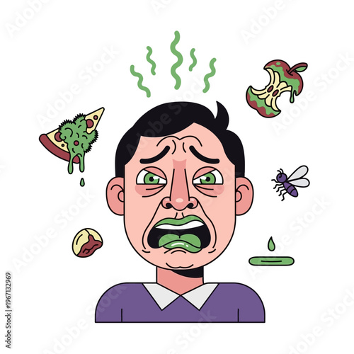 Man disgusted by rotten food and flies, bad smell, cartoon illustration