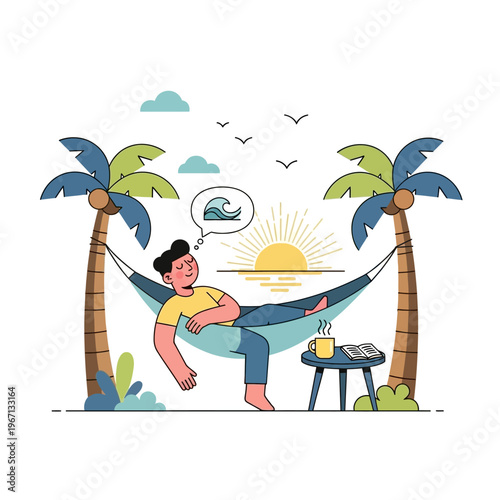 Man Relaxing in Hammock Between Palm Trees, Dreaming of Ocean Waves, Tropical Vacation