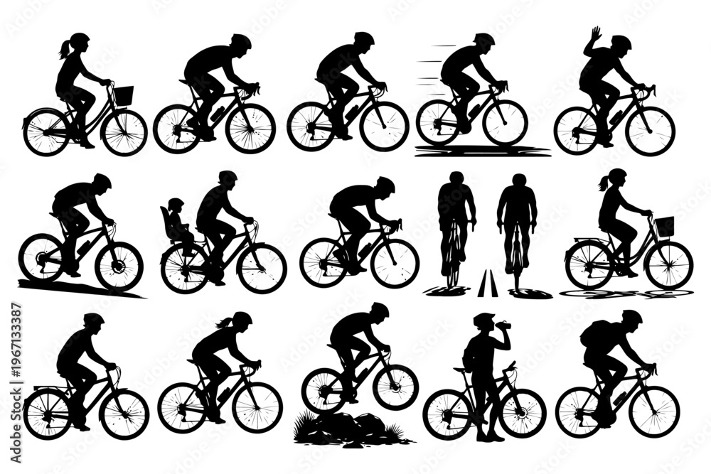Obraz premium Silhouettes of people cycling: diverse poses and activities.