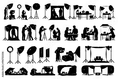 Silhouette studio setup with photography equipment and models in various poses.