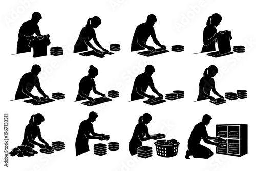 Silhouettes of people folding laundry in various poses.