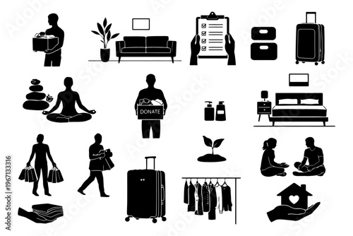 Silhouettes of minimalist lifestyle activities and icons.