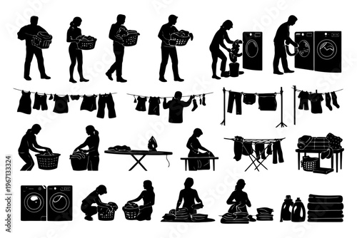 Silhouette illustrations of people doing laundry tasks.