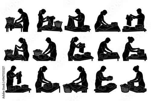 Silhouettes of diverse individuals folding laundry in various poses.