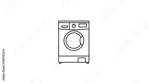 Washing machine icon with front-loading drum and control panel, clean line art depiction on a white background for household appliance illustration.