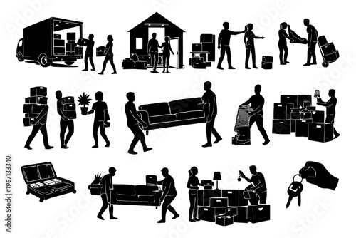 Silhouette illustrations of people moving and packing boxes.