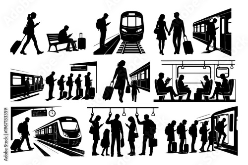Silhouettes of commuters in urban train station scenes.