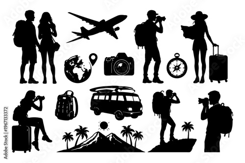 Silhouette travel icons: travelers and adventure elements in various poses.