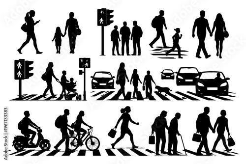 Silhouettes of people crossing street with traffic signals and vehicles.