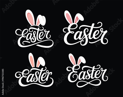 Hand drawn Easter lettering set with bunny ears, calligraphy script typography for holiday greeting cards, invitations, and spring seasonal decor.