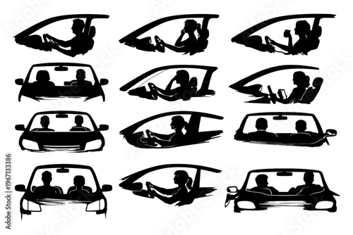 Black silhouettes of people driving in various car positions.