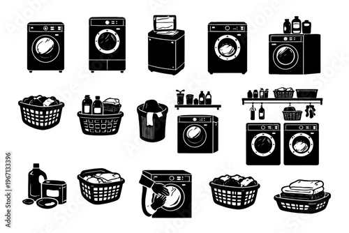 Collection of black and white laundry icons of washing machines and baskets.