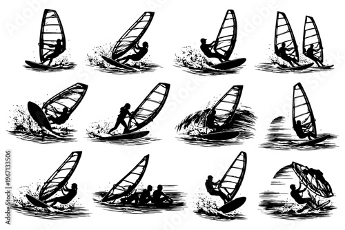 Silhouettes of windsurfers performing dynamic moves and tricks.