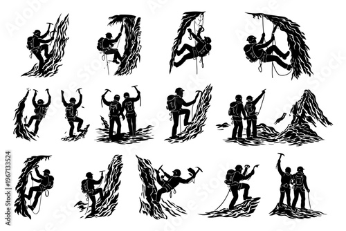 Climbers conquering rugged peaks with ice axes.