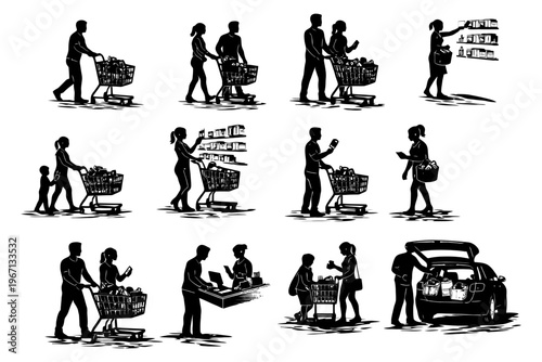 Silhouette shopping scenes: diverse shoppers in various grocery store interactions.