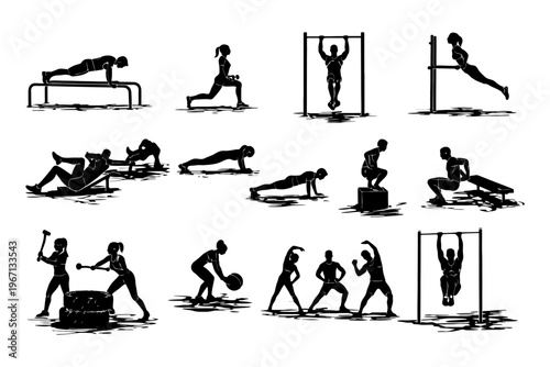 Silhouette workout compilation: diverse exercises by male and female figures.