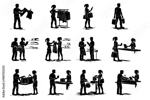 Silhouettes of people shopping: interactions and activities in retail settings.