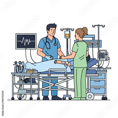 Medical Team Caring for Patient in Hospital Bed with Monitoring Equipment