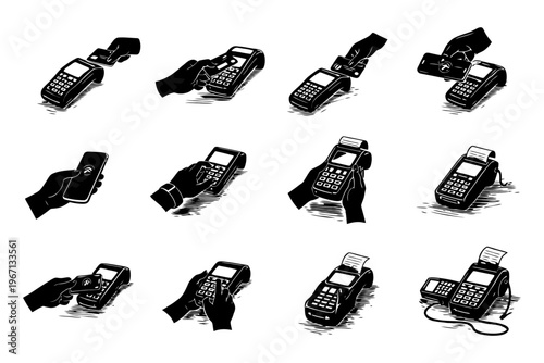 Various payment methods using pos terminals illustrated in black and white.