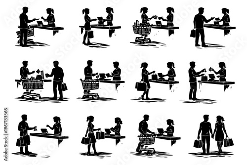 Silhouette men and women shopping and paying at checkout counter illustrations.
