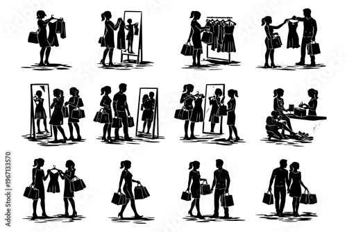 Female shopping silhouettes: women trying clothes in store scenes.