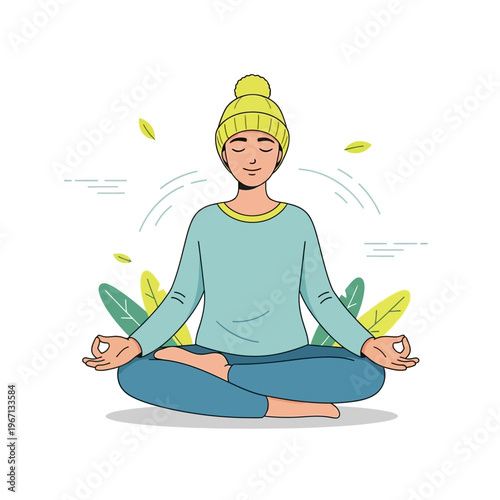 Person meditating in lotus pose, wearing beanie, surrounded by leaves and calm atmosphere