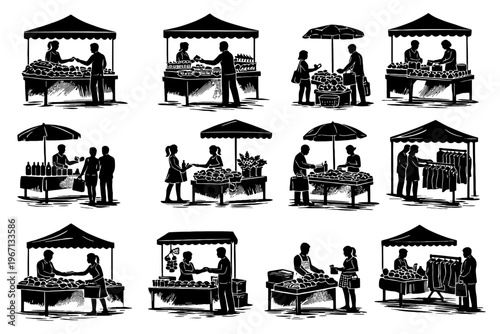 Silhouettes of market vendors and customers interacting.