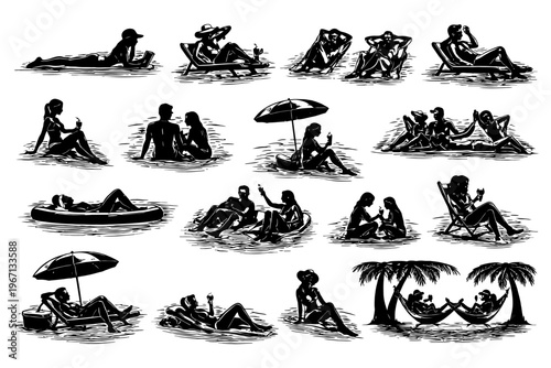 Silhouette illustrations of people relaxing on beach in various poses.