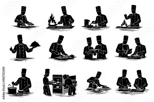 Chef silhouettes performing various culinary tasks with tools and ingredients.