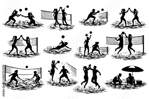 Silhouette of volleyball players engaging in beach matches and celebrations.