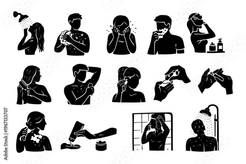 Personal hygiene icons depicting male and female figures in shower and skincare routines.