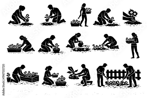 Black silhouette illustrations of adults planting and caring for flowers.