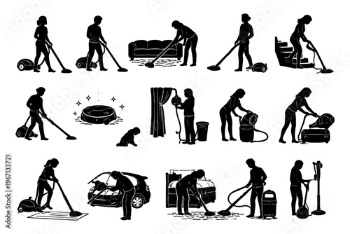 Silhouette cleaning activities: household chores and vacuuming tasks.