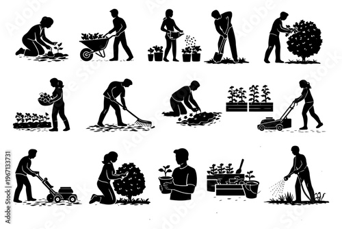Silhouette of caucasian adults gardening: planting, watering, mowing, trimming in various activities.