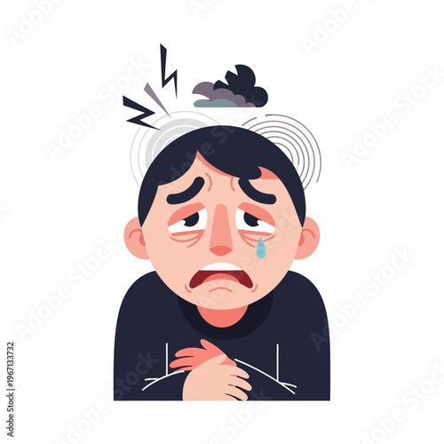 Sad Man Crying With Storm Cloud Above Head, Anxiety and Depression Concept