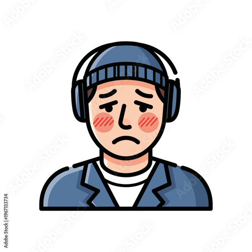 Sad Man Wearing Headphones and Beanie, Expressing Disappointment