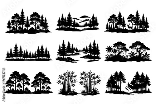 Variety of forest silhouettes featuring diverse tree landscapes.