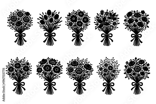 Elegant floral bouquets collection: black and white silhouette designs.