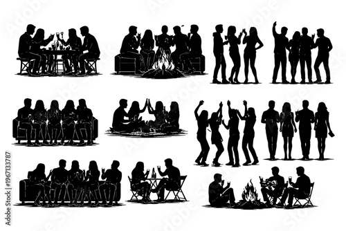 Silhouettes of groups enjoying outdoor social gatherings with friends and music.