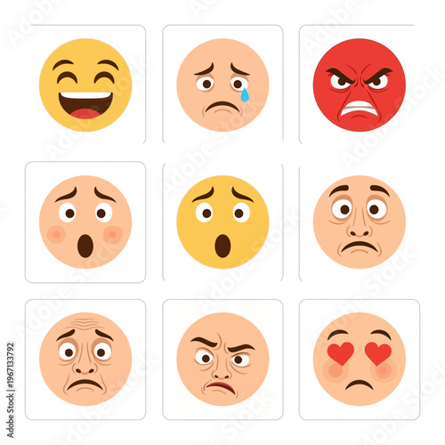 Set of 9 Diverse Emoji Faces Expressing Different Emotions - Joy, Sadness, Anger, Surprise, Fear
